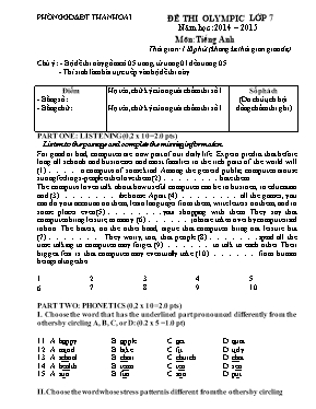 Đề thi olympic môn Tiếng Anh Lớp 7 - Đề 5 - Năm học 2014-2015 - Phòng GD & ĐT Thanh Oai (Có đáp án)